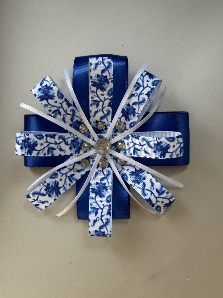 White and Blue Floral Hairbow